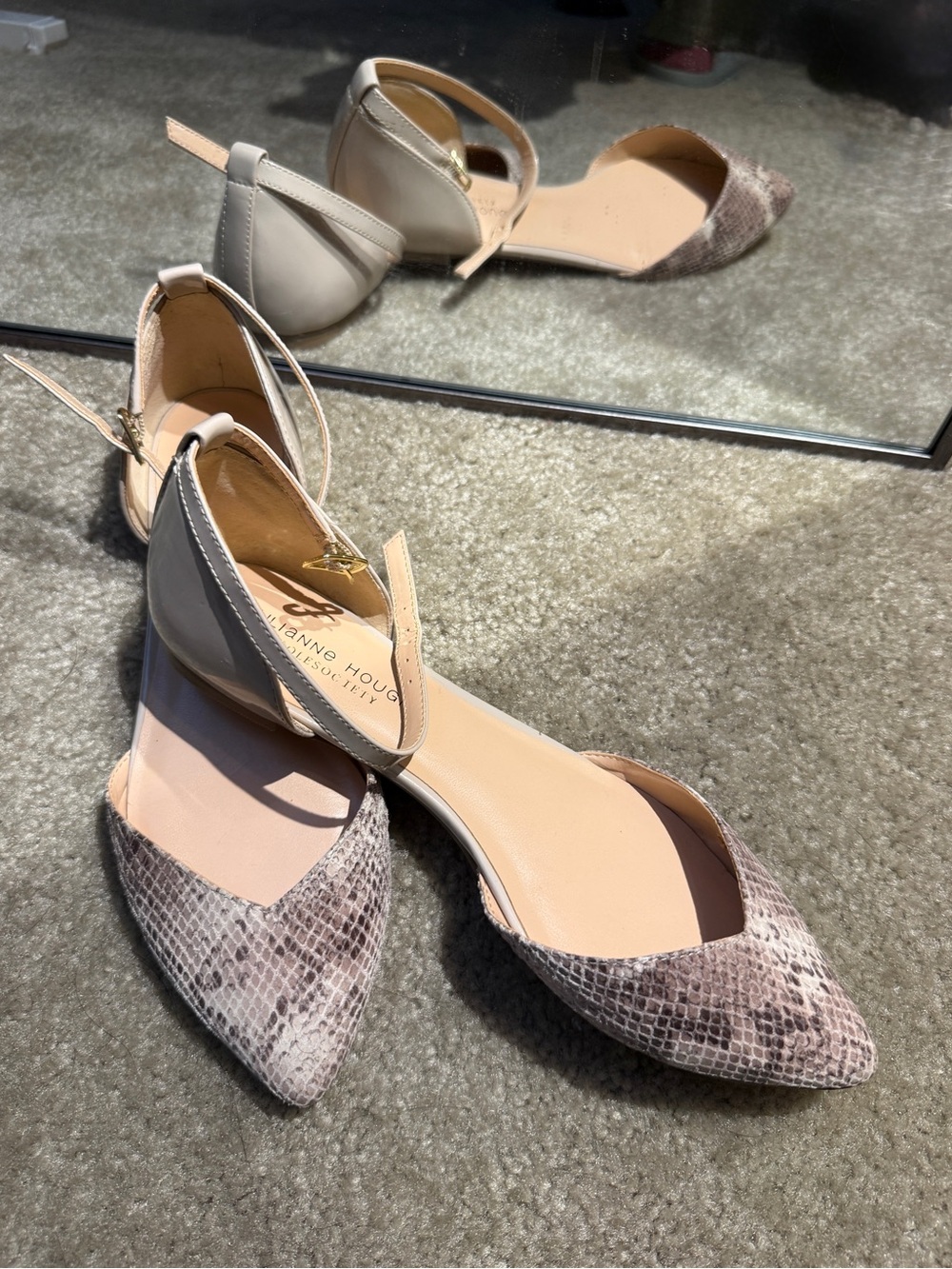 D'Orsay Snake-Print Pointed Flats with Ankle Strap - Beige